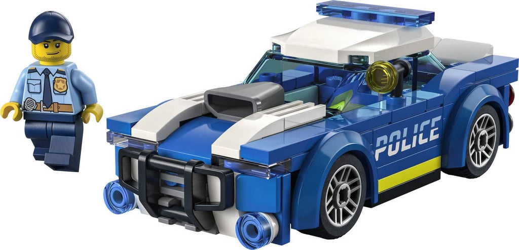 Blue police toy car with minifigure, white roof and yellow stripe