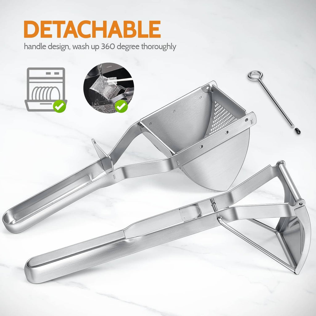 Stainless steel potato ricer with detachable handle and removable perforated basket