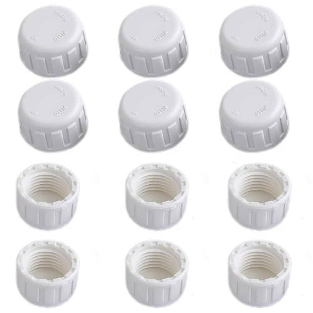 Twelve white PVC pipe end cap plugs with open threaded ports
