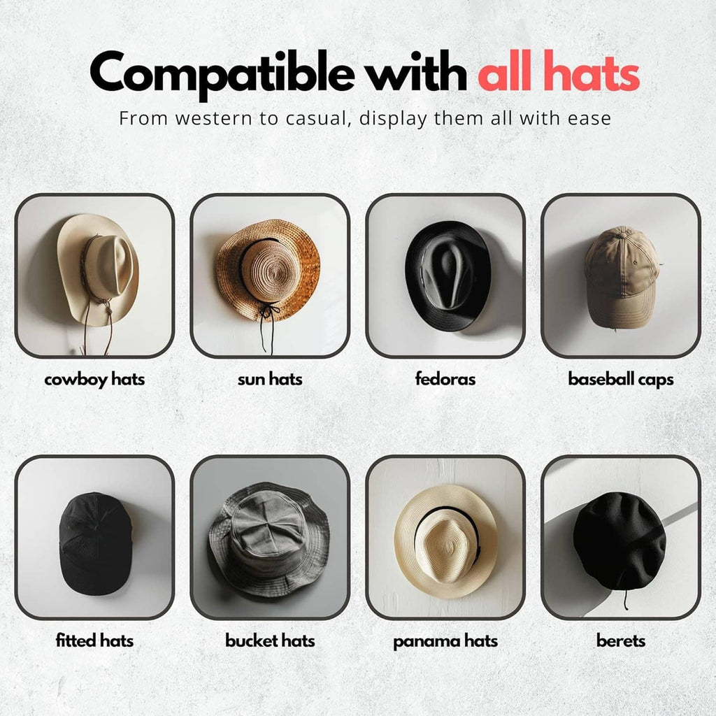 Adhesive hat wall hooks shown compatible with multiple hat types