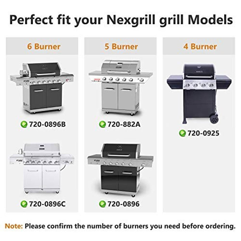 Replacement burner kit infographic for 4-, 5-, 6-burner Nexgrill grill models