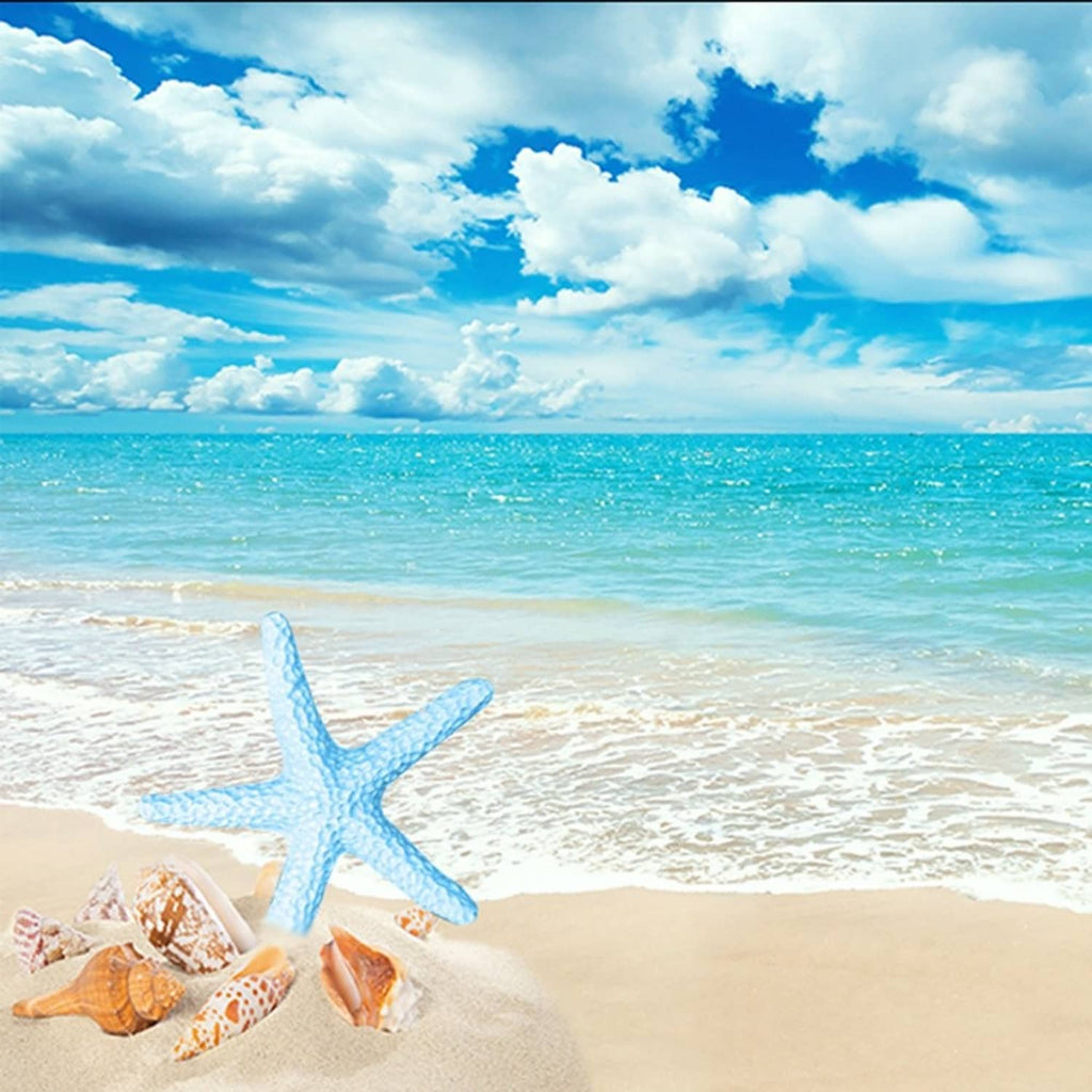 Light blue starfish ornament with seashells on sandy beach
