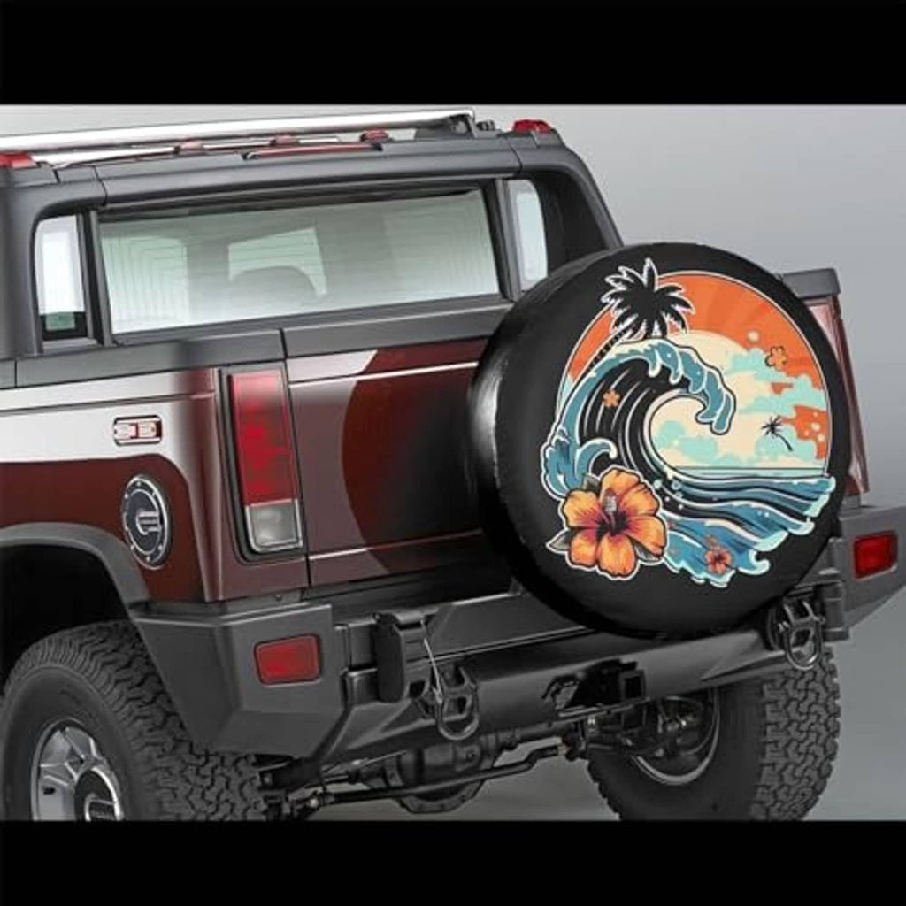 Retro beach spare tire cover on SUV, black with orange sunset and ocean graphic