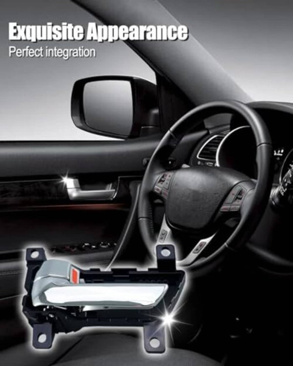 Interior door pull handle installed near steering wheel, black dash with silver handle