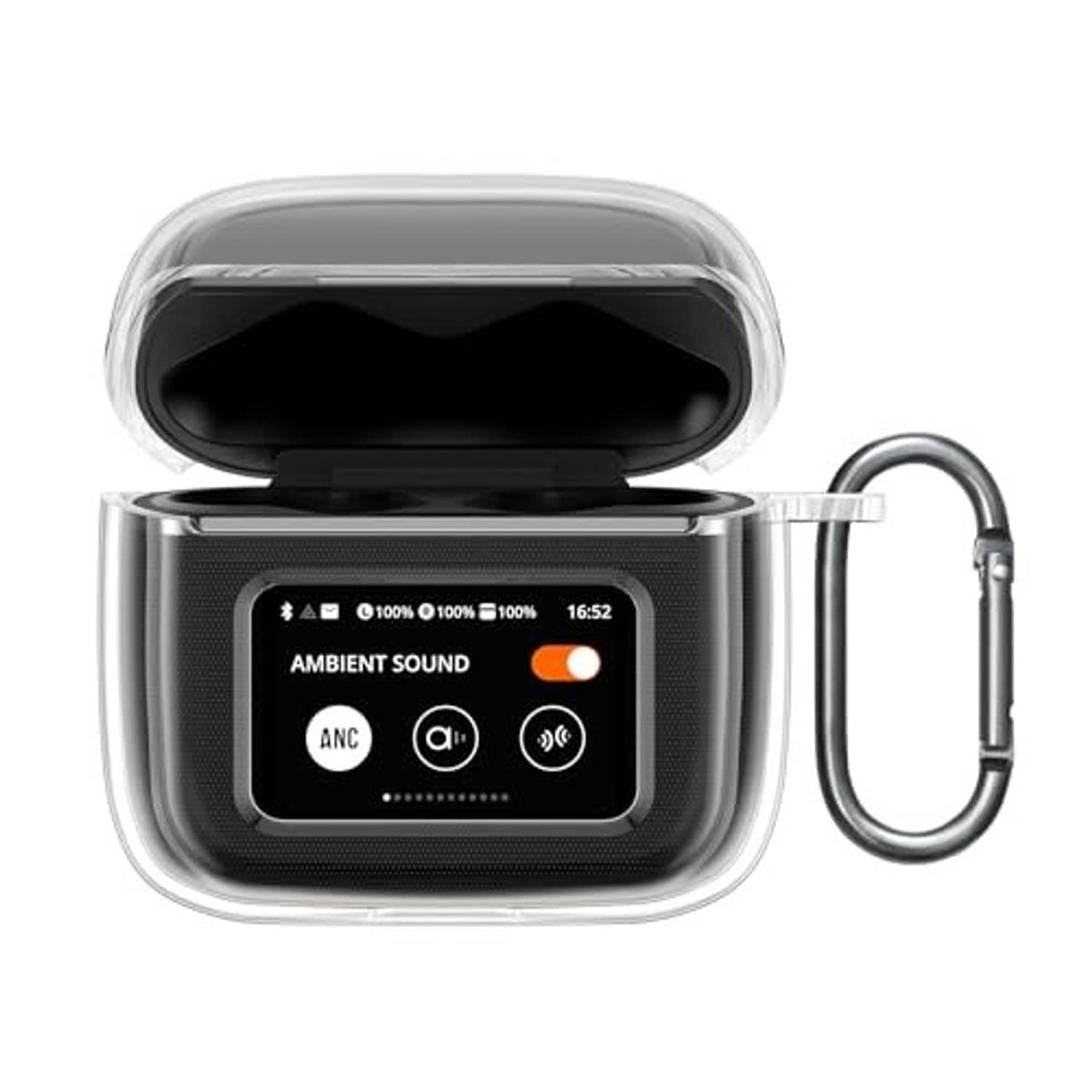 Transparent TPU earbud case with carabiner, protective shell, closed design.