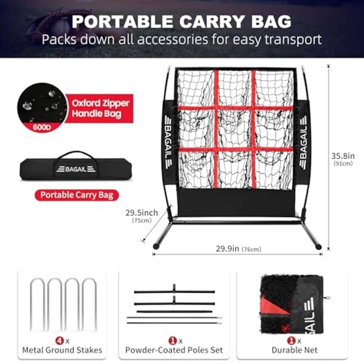 Pitching net target kit with carry bag, black frame, and red 9-zone grid