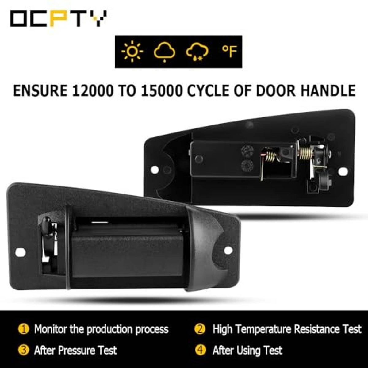 Black exterior rear door handle with exposed internal springs and latch hardware