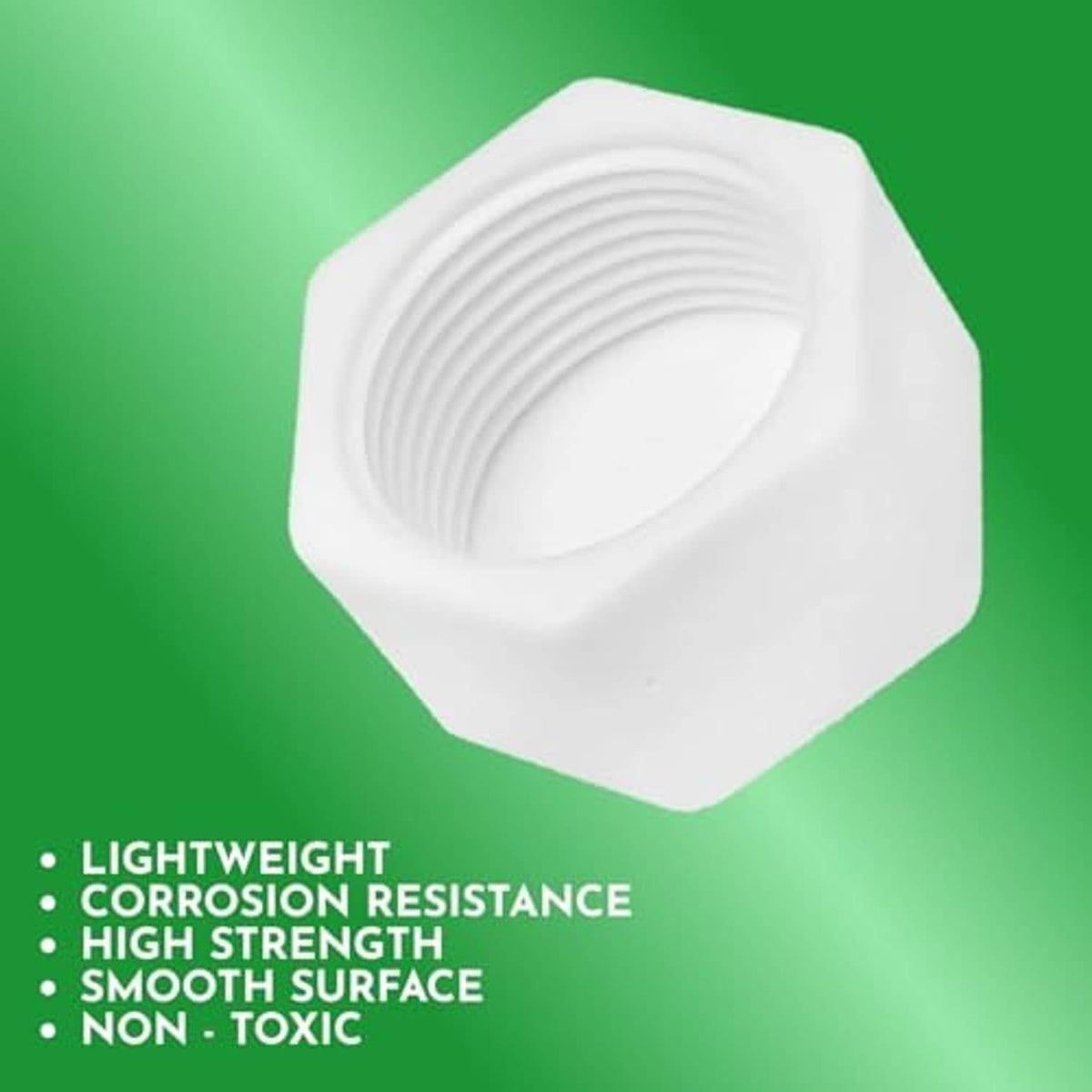 White hex plastic female threaded pipe end cap with deep thread groove interior