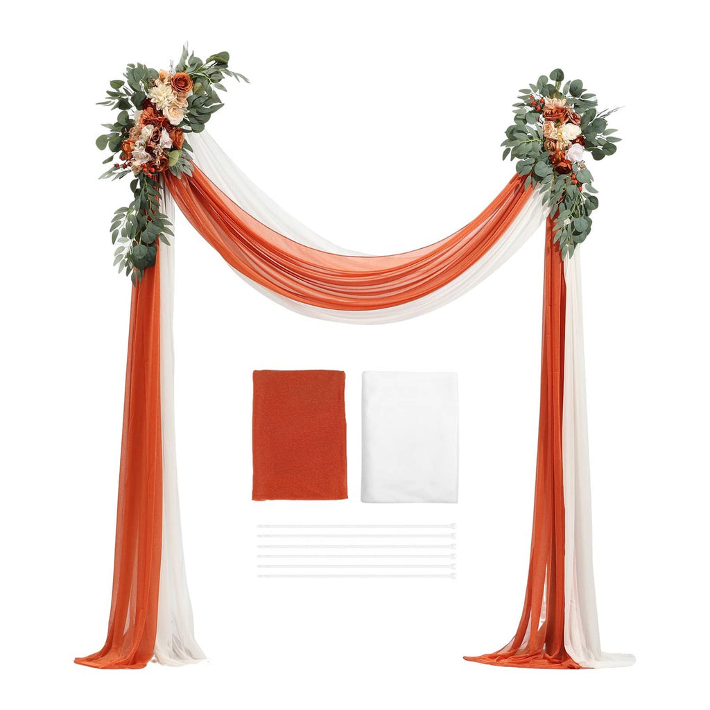 Artificial wedding arch flower kit with orange and white drape ribbons and floral greenery