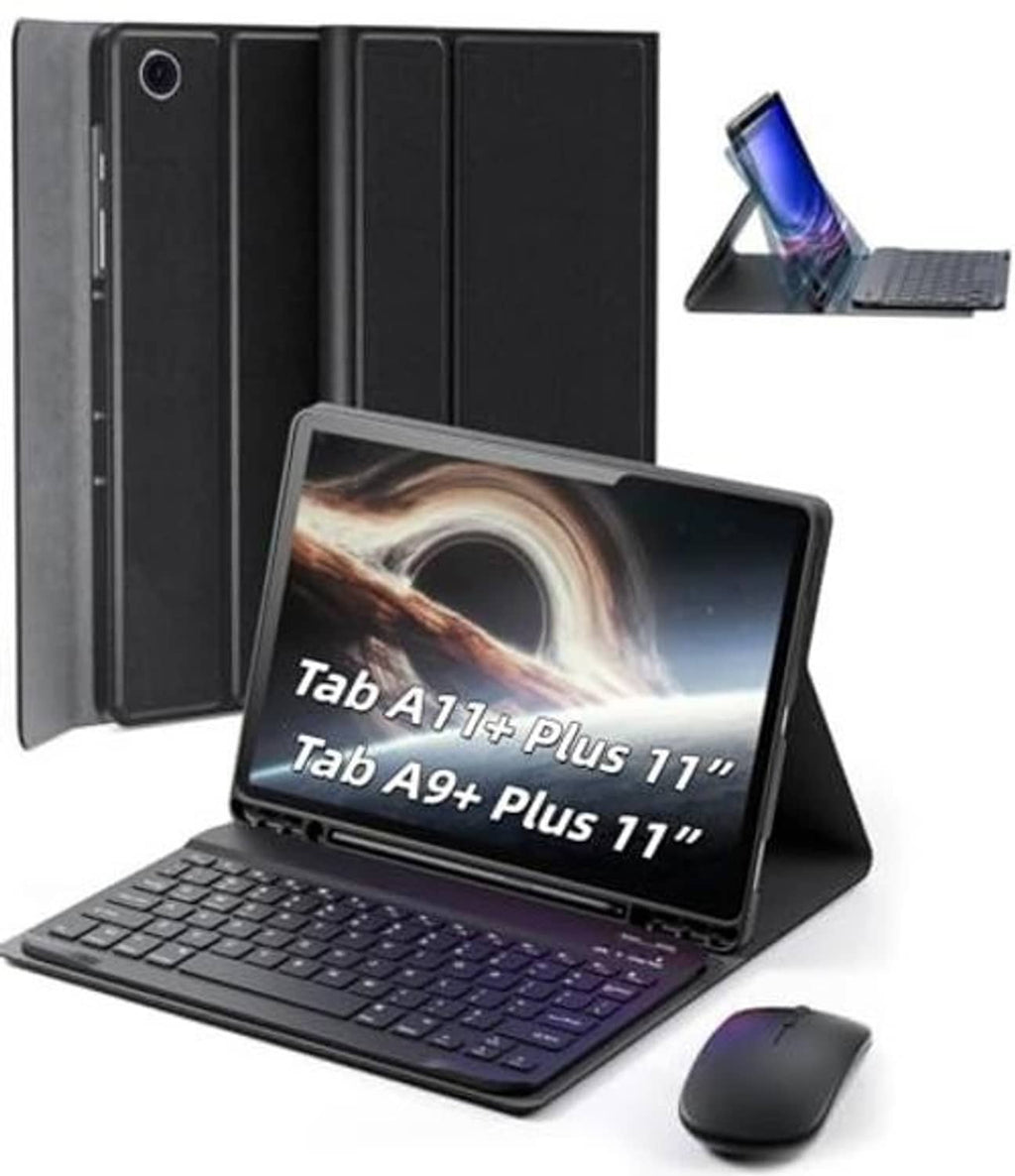 Black folio keyboard case with rear panel folded behind tablet and keyboard docked