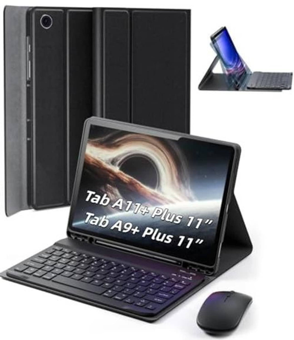 Black folio keyboard case with rear panel folded behind tablet and keyboard docked
