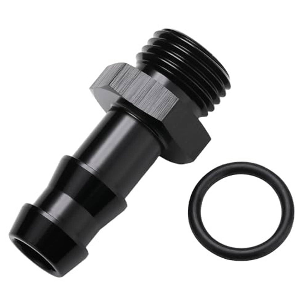 Black straight fitting adapter showing hose barb end and threaded ORB section