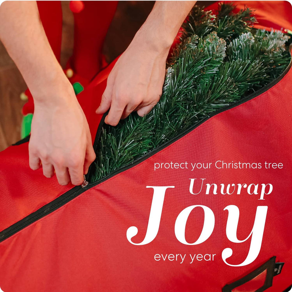 Red Christmas tree storage bag with zipper opening and black edging