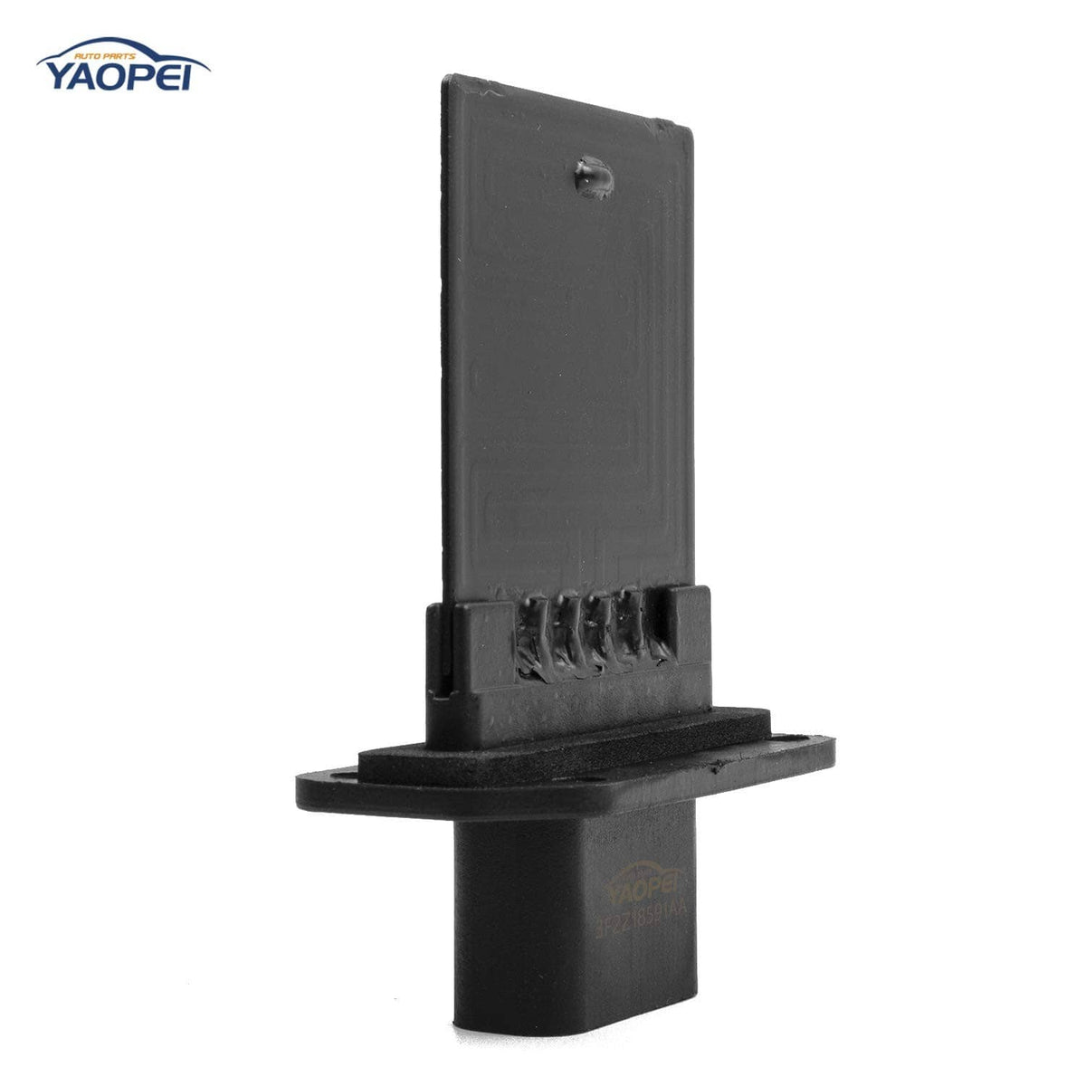 HVAC fan blower motor resistor with vertical black connector housing, front view