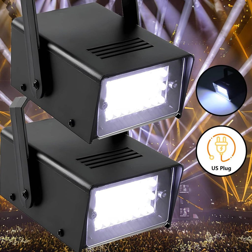 Two mini LED strobe light units with bright front panels and plug icon