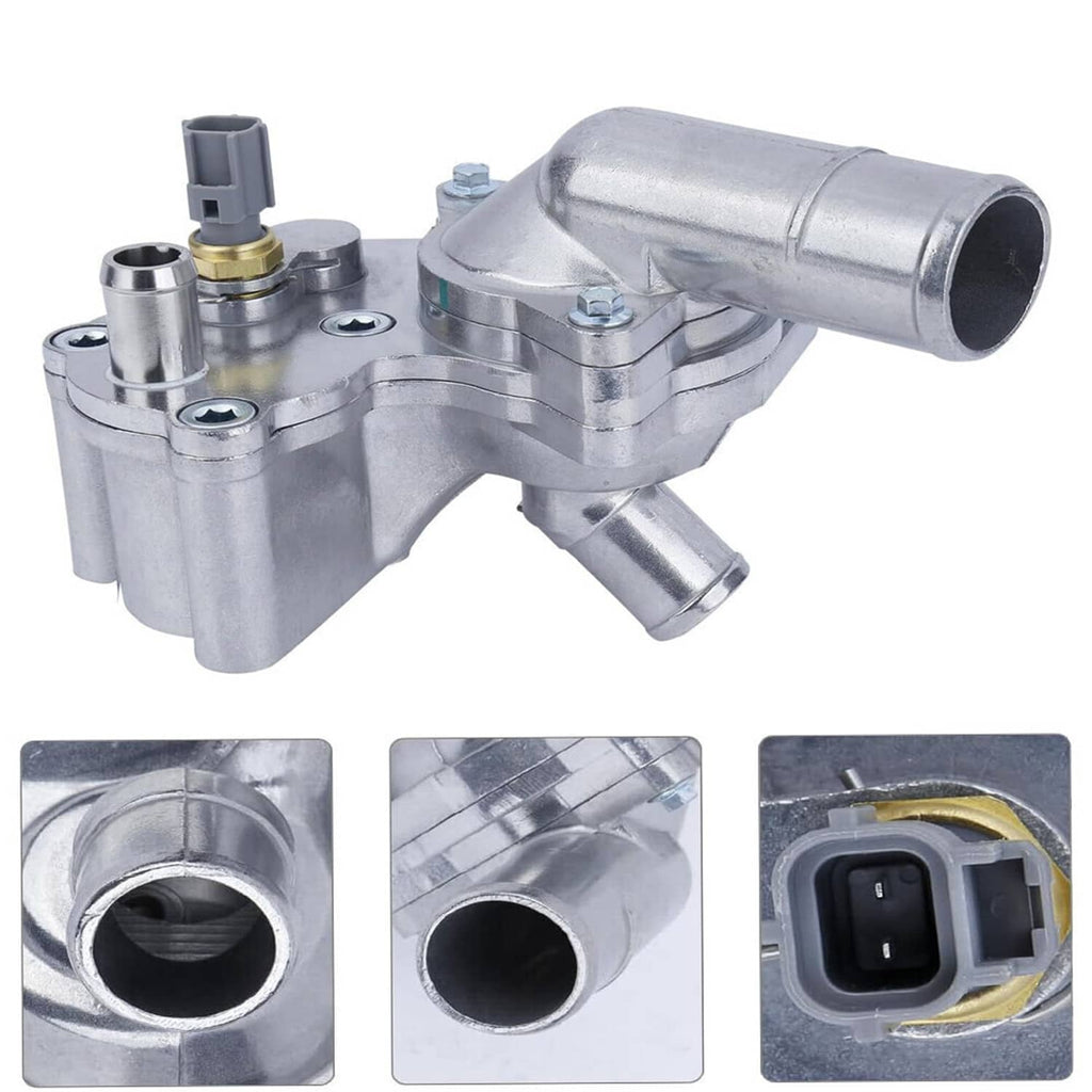 Aluminum thermostat housing with multiple port views and sensor connector, silver metal