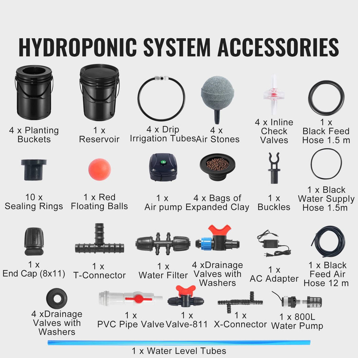 Hydroponic system accessories set with planting buckets, tubing, air stones, valves, and rings