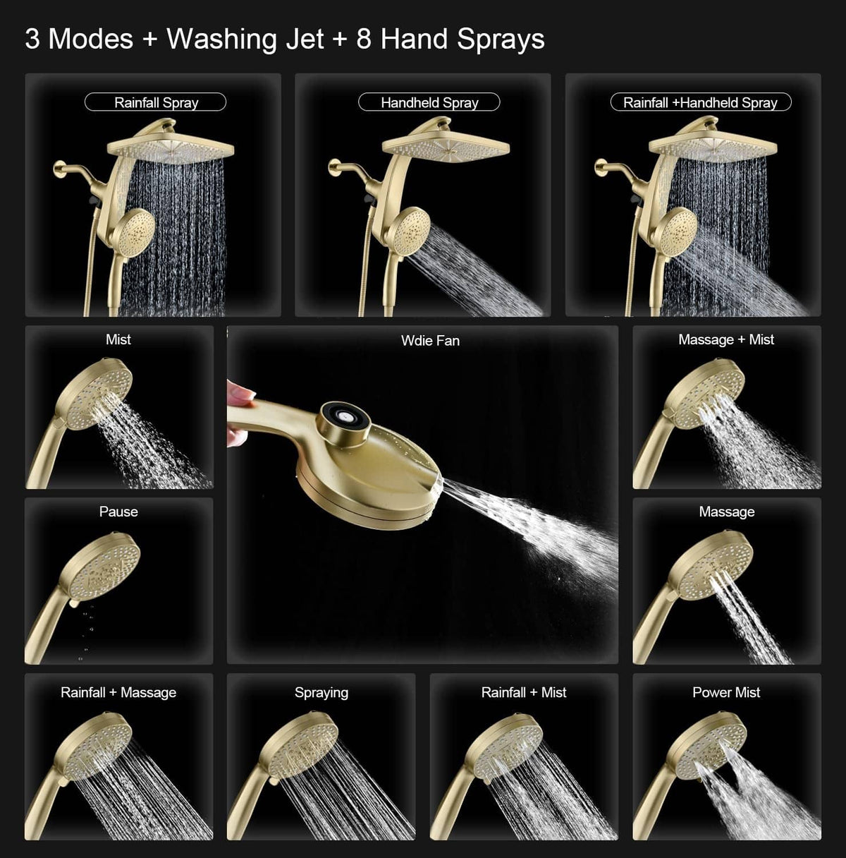 Gold shower head system with rain, mist, wide fan, and massage spray modes and handheld sprayer
