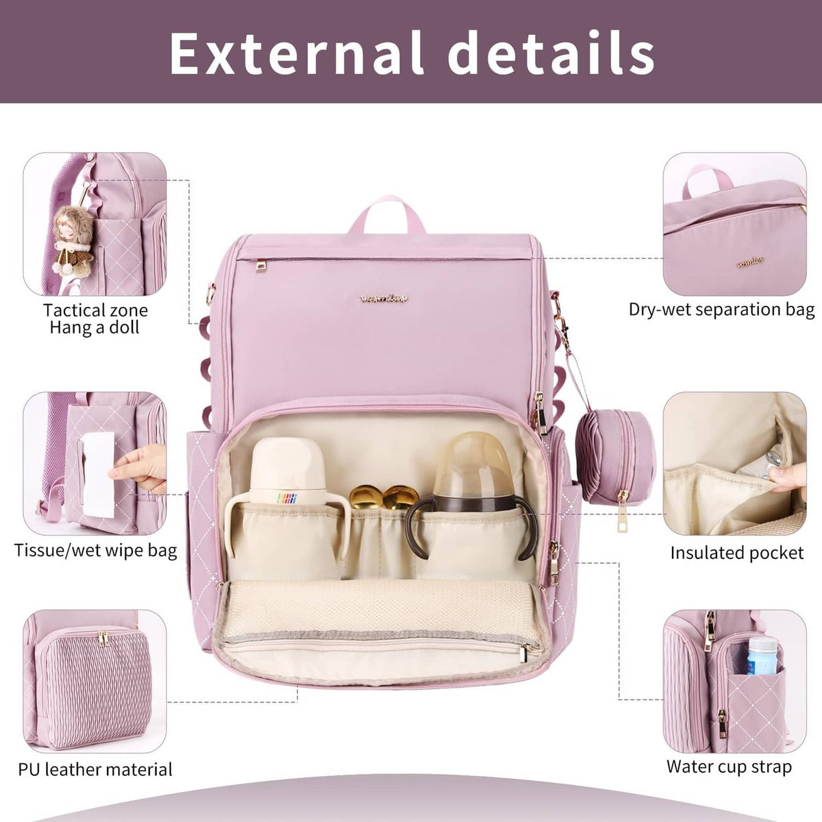 Open lavender diaper bag organizer with interior pouches and zipper compartments