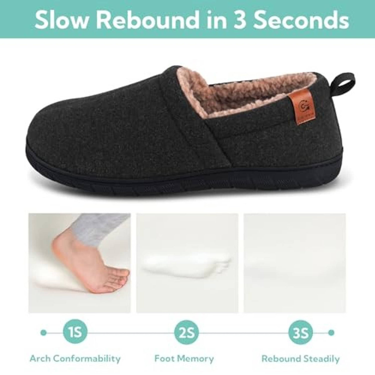Black slip-on slippers with plush interior and memory-foam cushioning