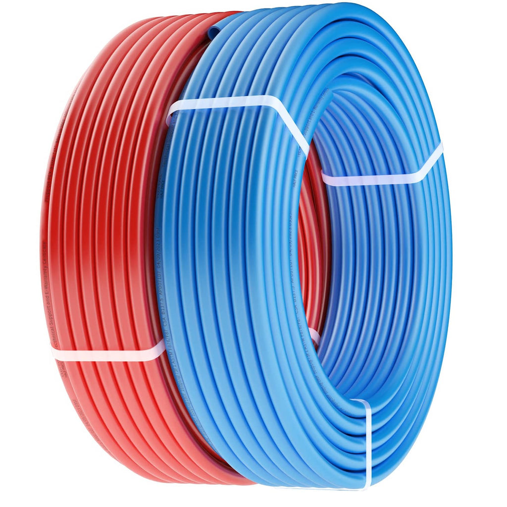 Stacked PEX-A tubing coils in red and blue with curved loop profile