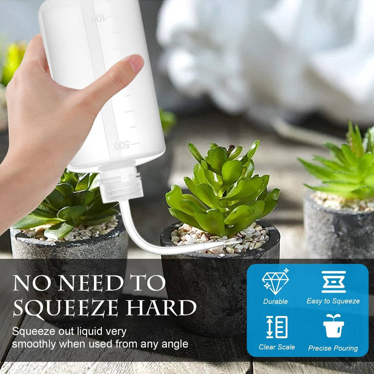 White squeeze bottle with attached tube dispensing liquid into a plant pot