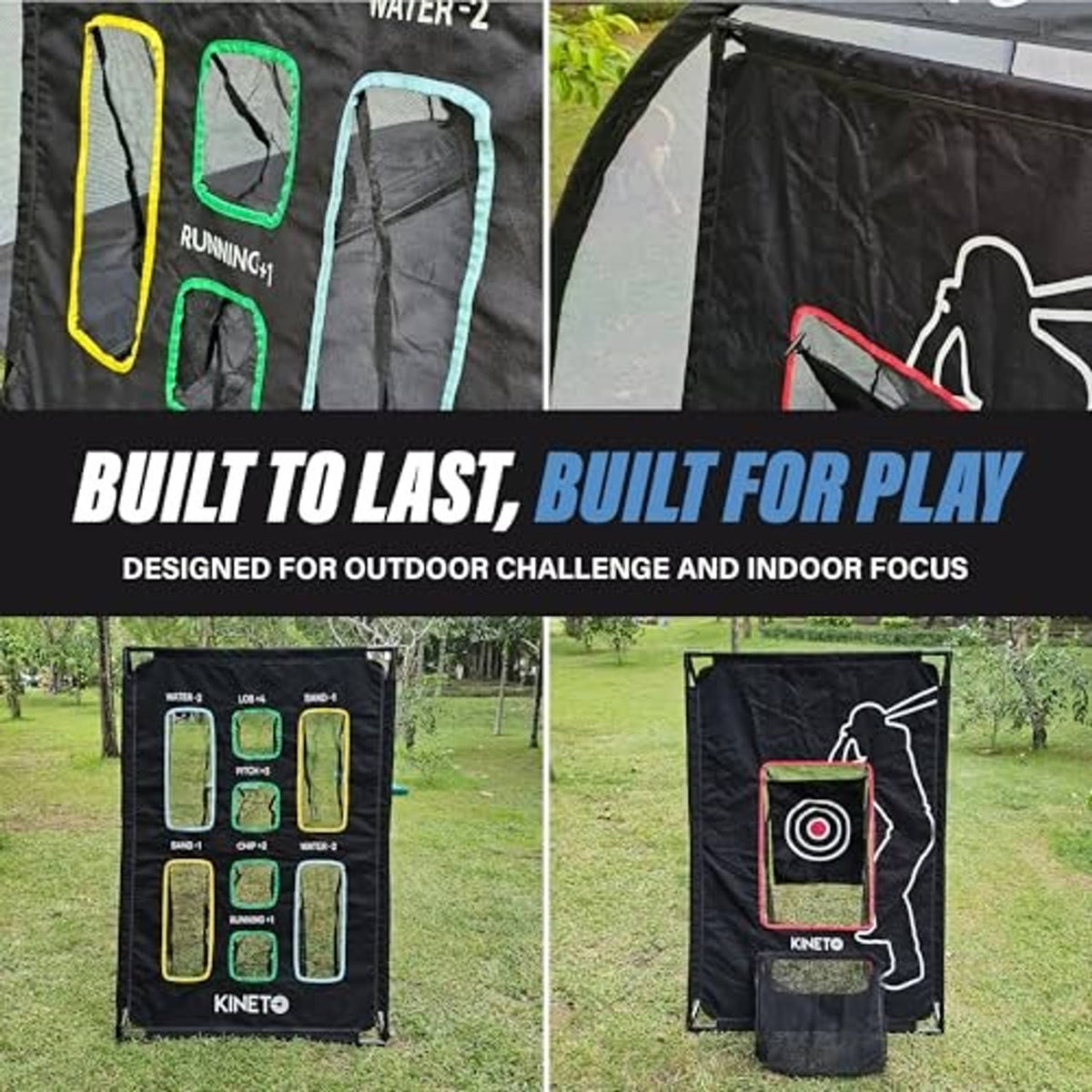 Kineto training target net set displayed outdoors, with labeled zone panels and bullseye bag