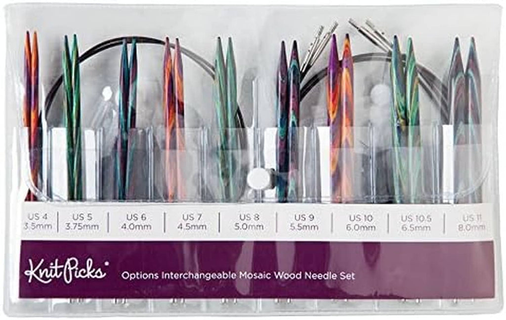 Interchangeable knitting needle set display with labeled US sizes and mosaic wood needles