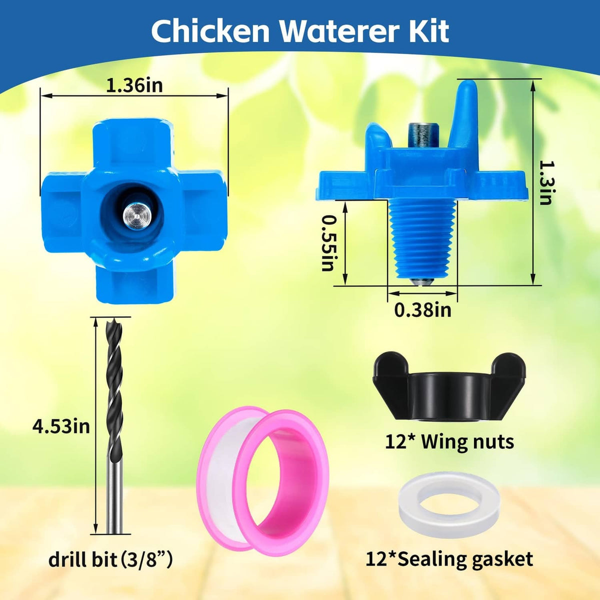 Blue chicken waterer nipple kit with wing nuts, sealing gasket, and drill bit