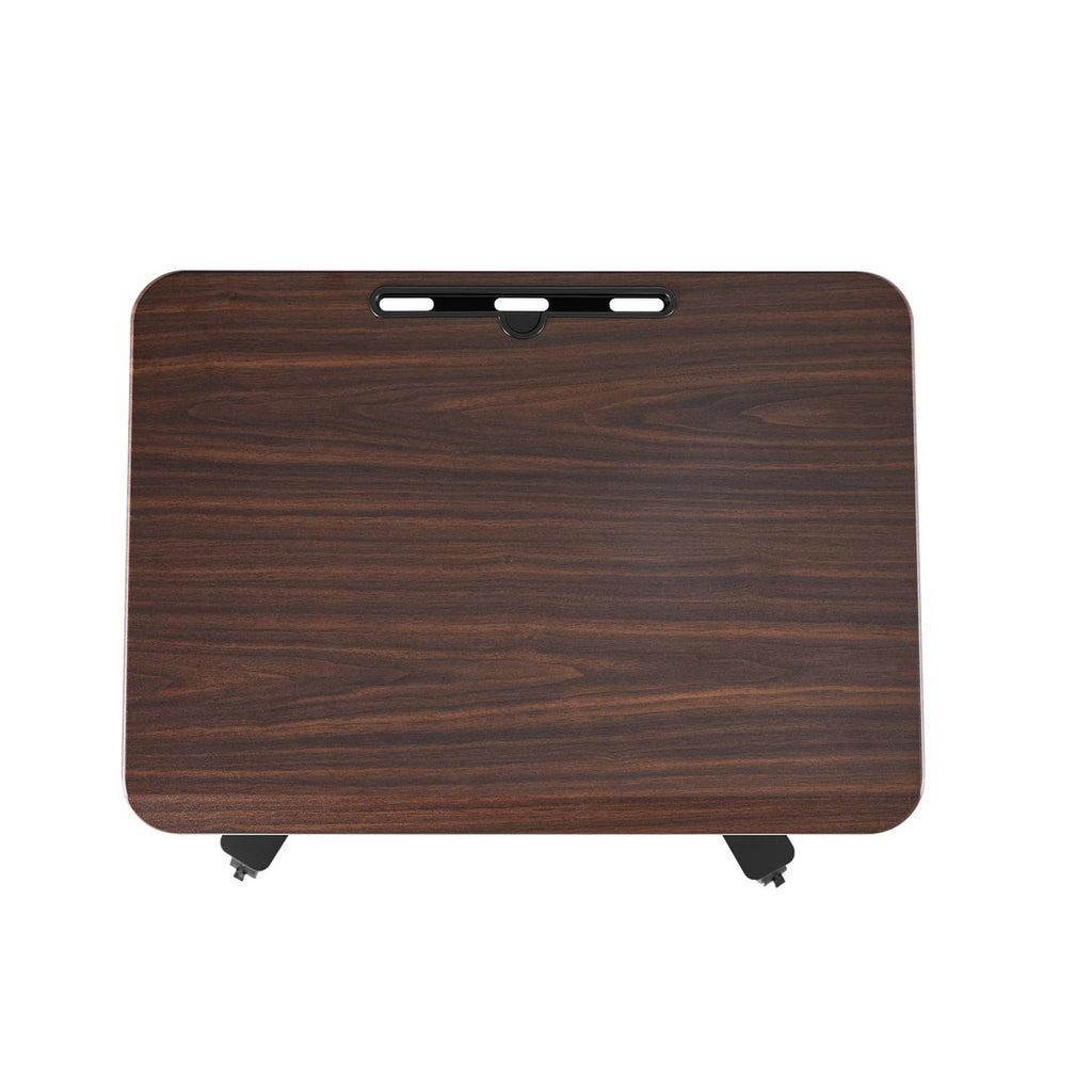 Compact standing desk with dark wood top and rounded corners, casters shown