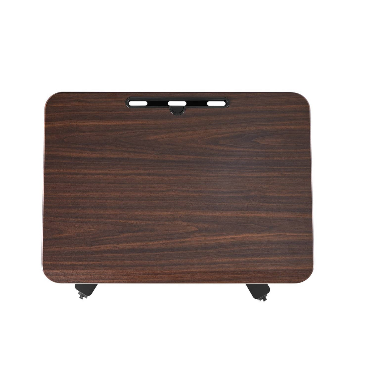 Compact standing desk with dark wood top and rounded corners, casters shown