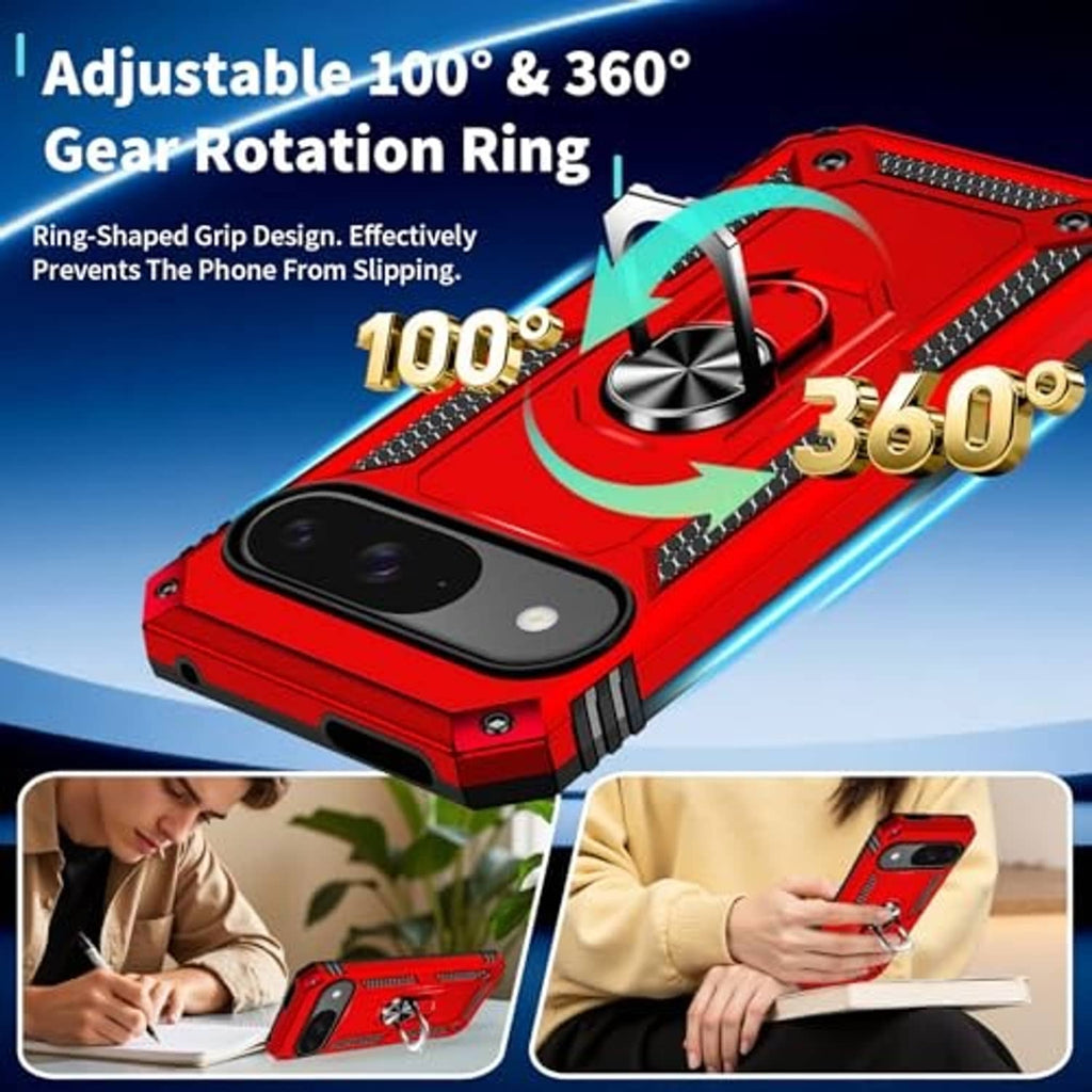 Red rugged phone case with adjustable metal ring grip and raised camera protection