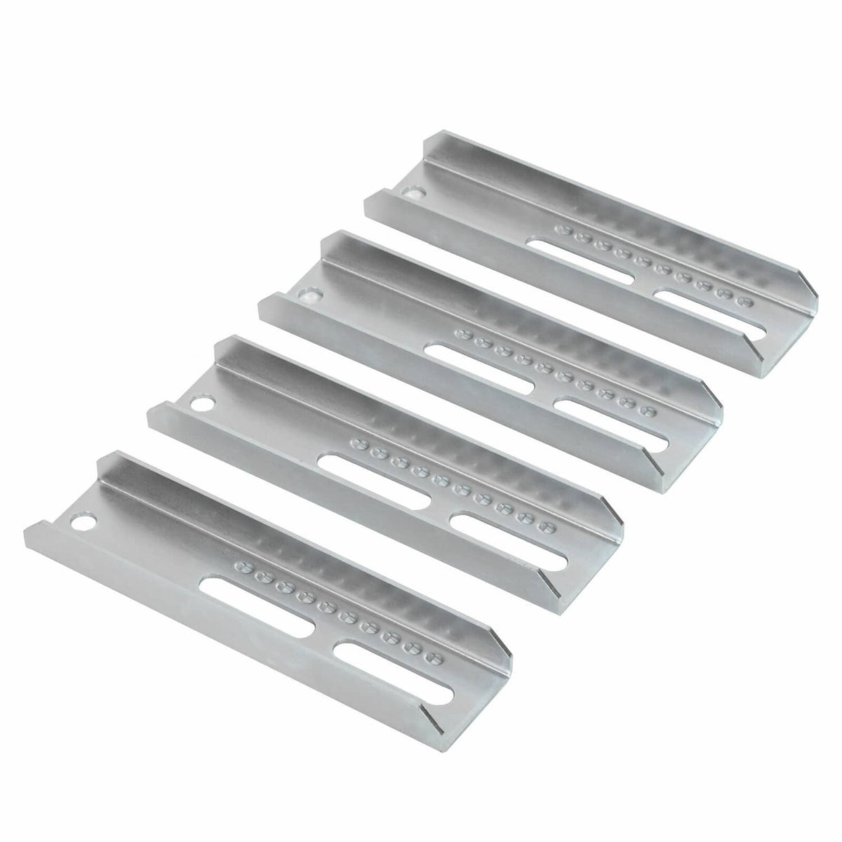 Galvanized bunk board bracket plates with perforation rows and long mounting slots