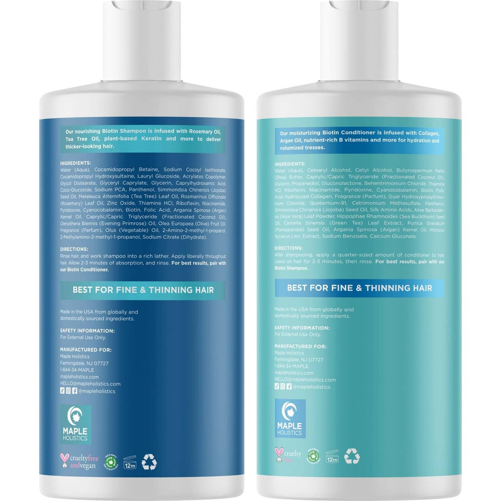 Back label view of two blue-and-white Biotin shampoo and conditioner bottles