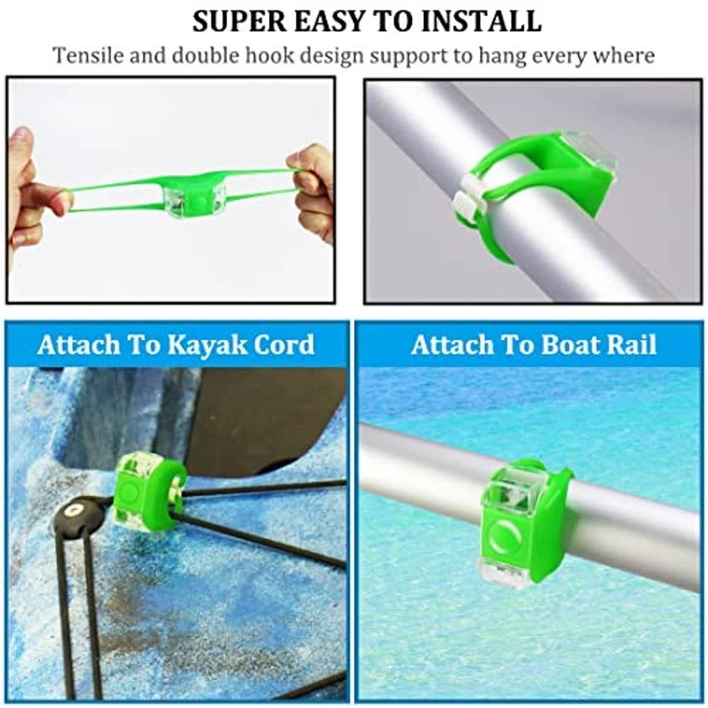 Green LED bow navigation light with double-hook design, shown attached to kayak cord or rail