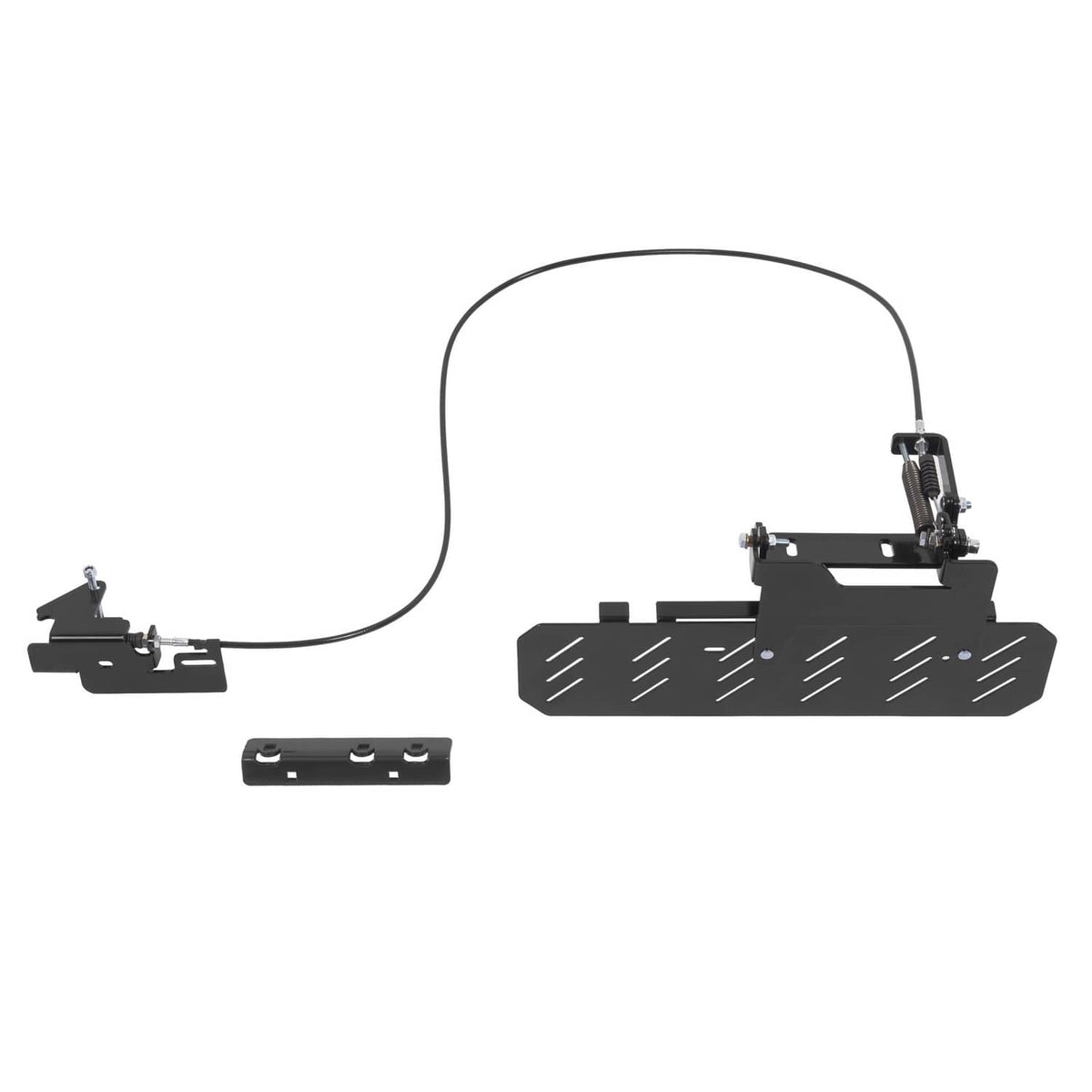 Mower chute blocker kit with black shield, cable, and base mounting plates