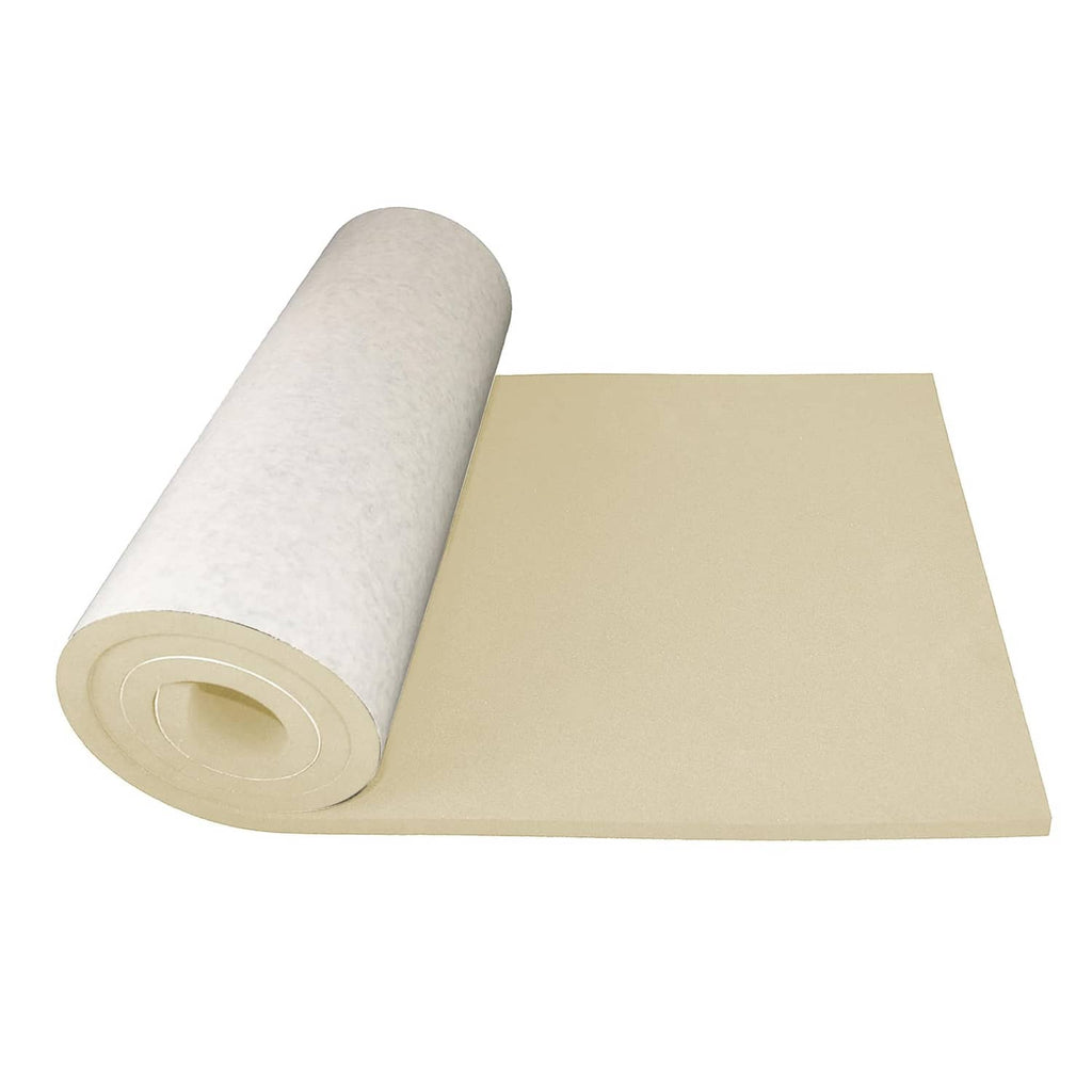Beige self-adhesive foam roll with attached sheet, rolled and unrolled padding