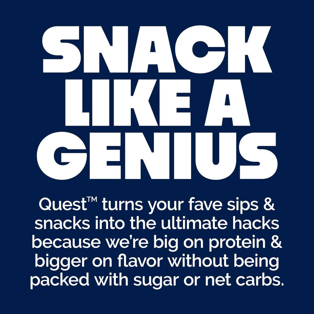 Blue protein bar wrapper with large “SNACK LIKE A GENIUS” text and a bar