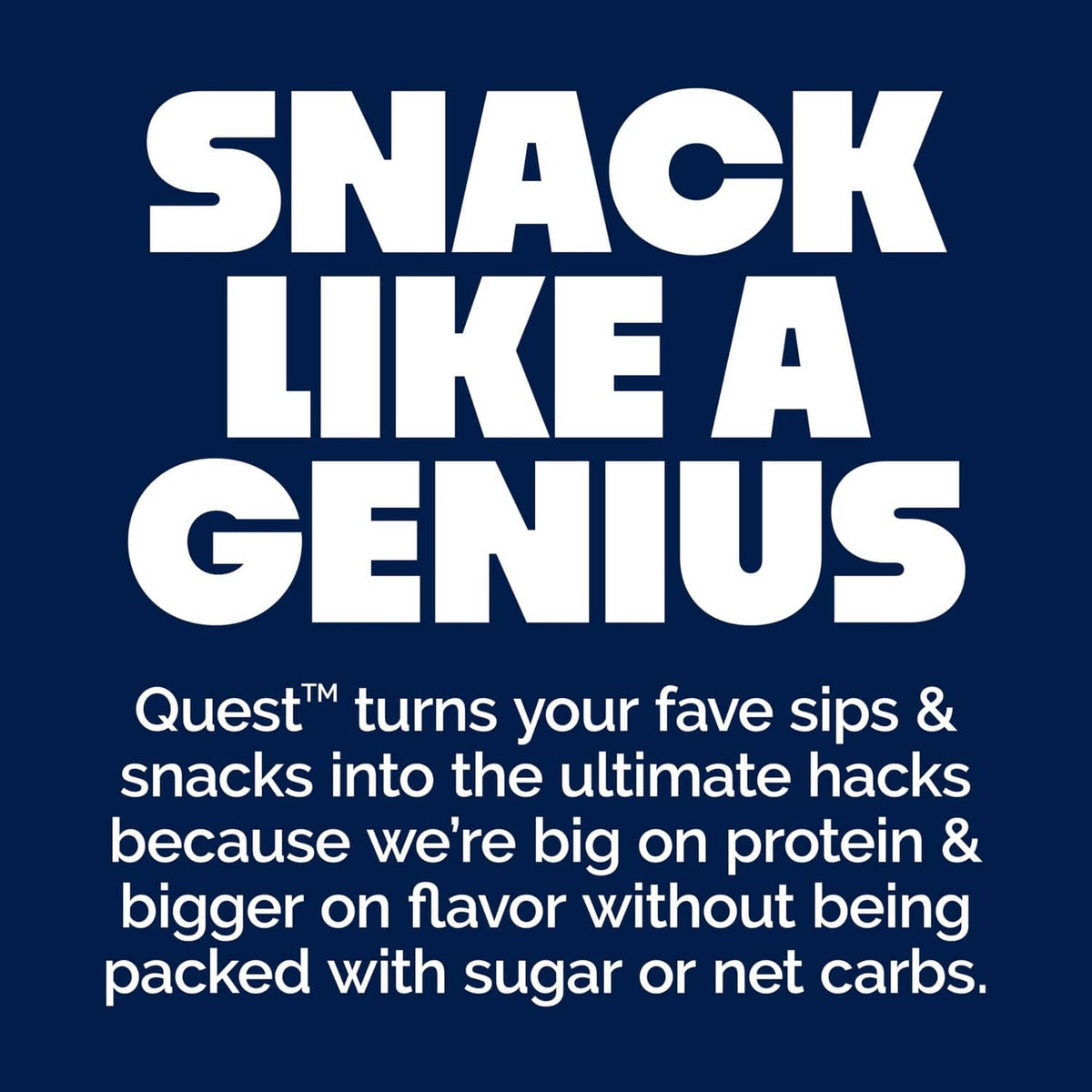 Blue protein bar wrapper with large “SNACK LIKE A GENIUS” text and a bar