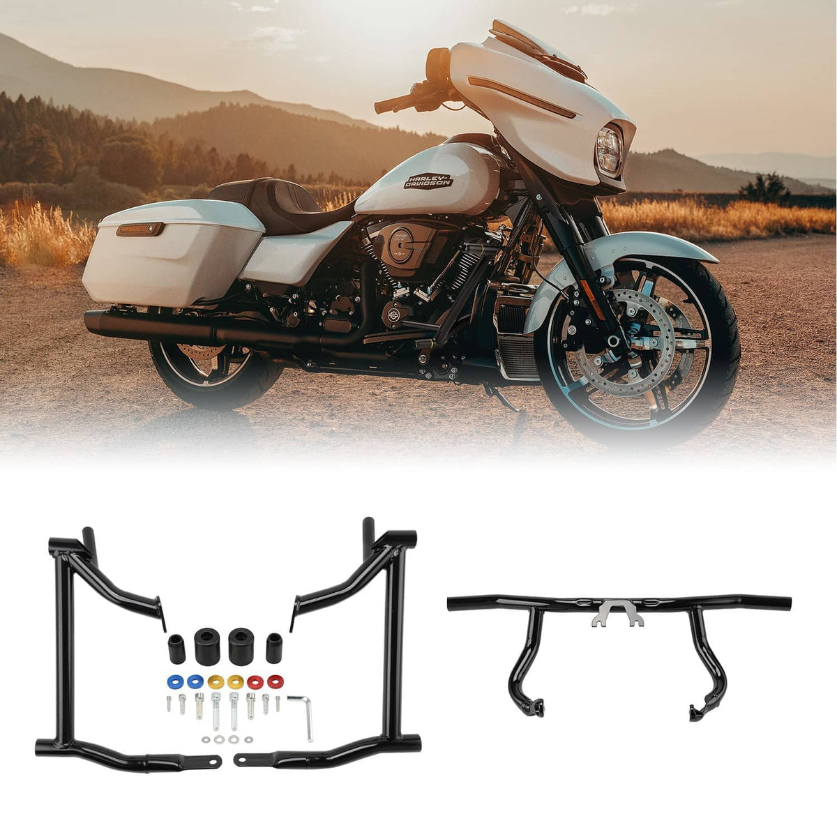 Black crash bar kit with multiple tubular bars and mounting hardware in accessory layout