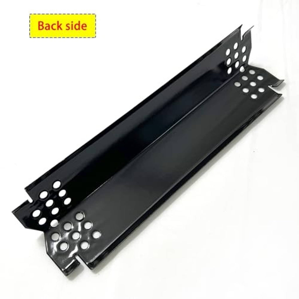 Black grill heat plate back side with perforated bracket and circular burner holes