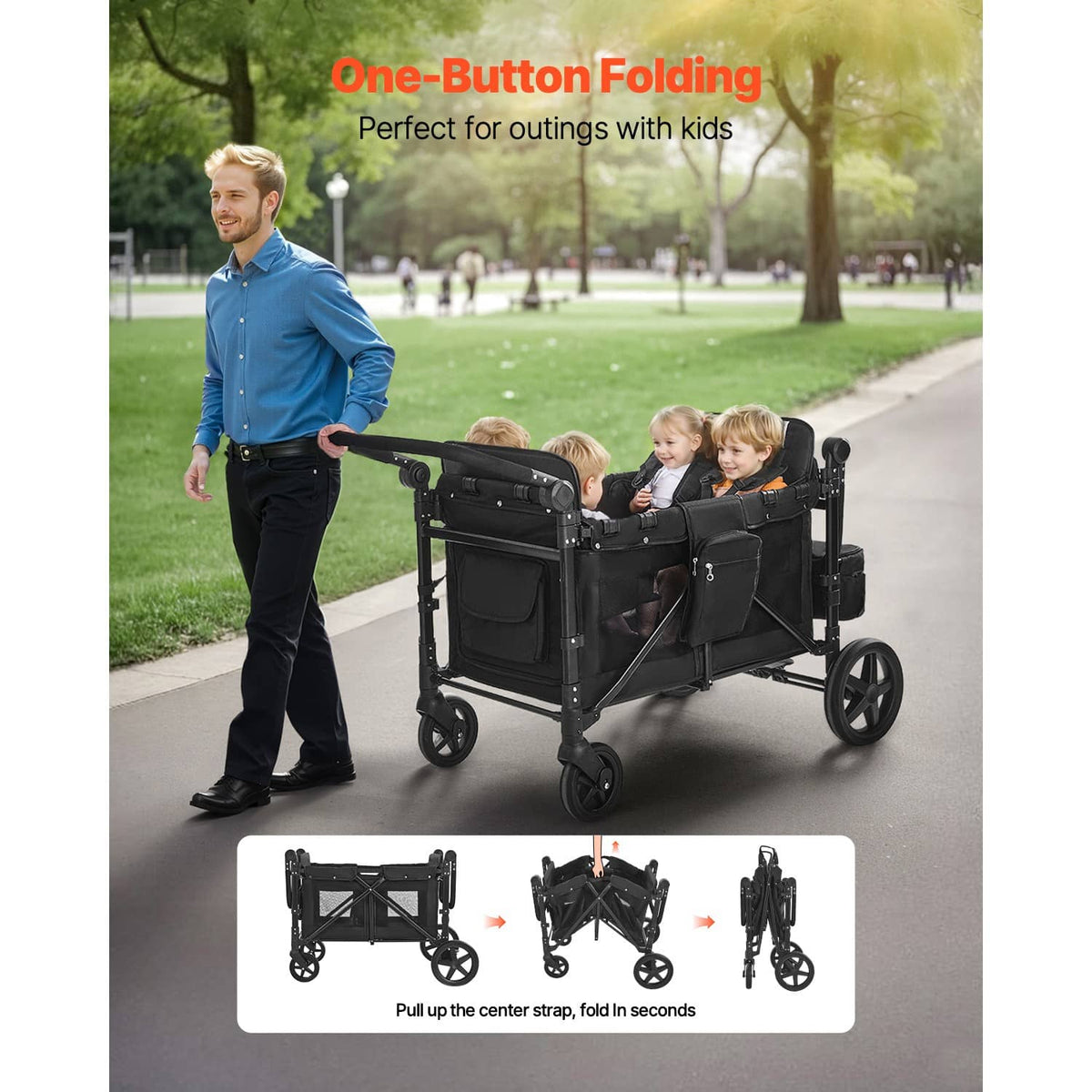 Black 4-seat wagon stroller open with side compartments, one-button folding