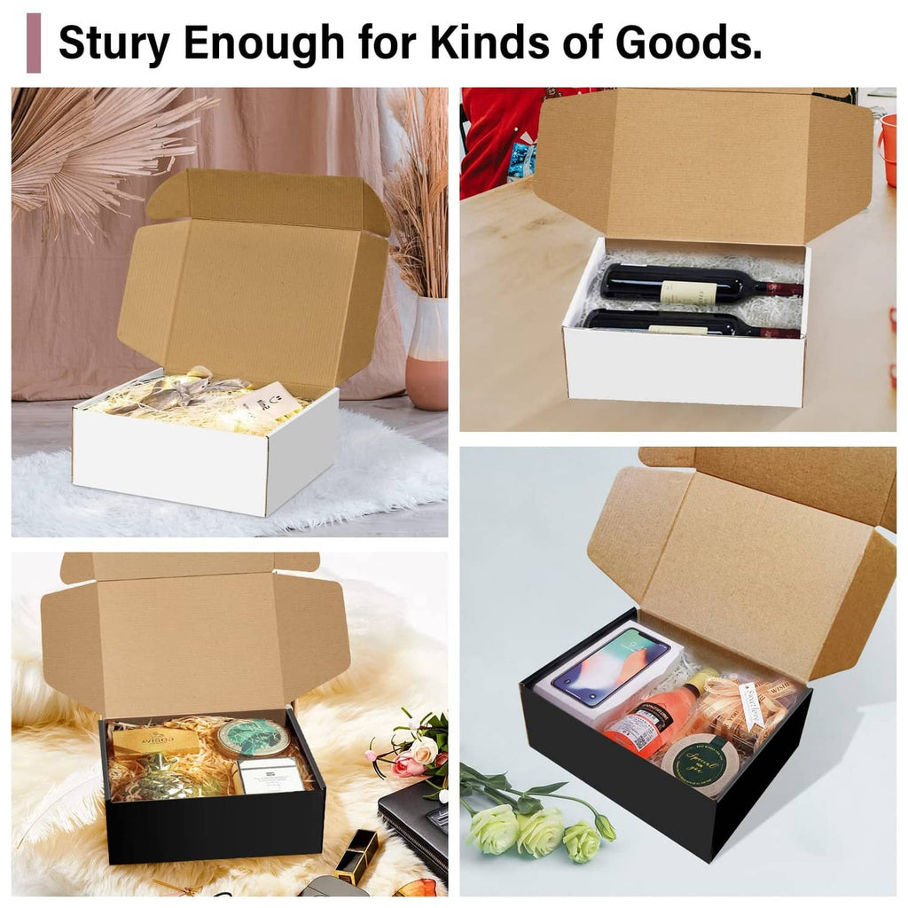 White corrugated shipping box with opened lid, holding goods inside