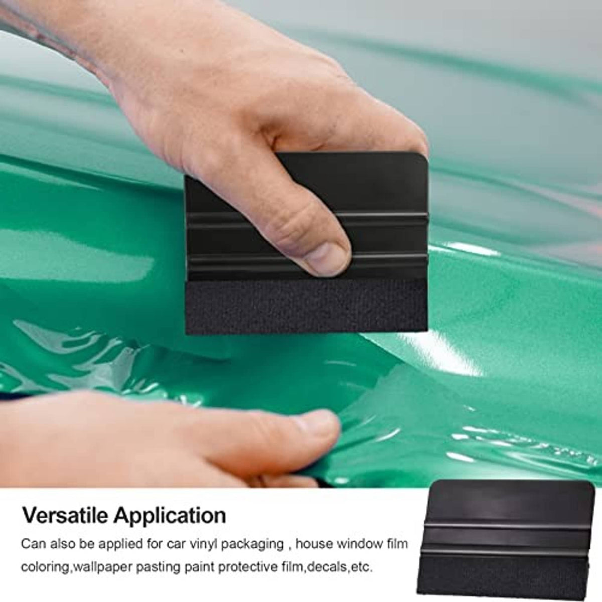 Hand using black felt-edged vinyl squeegee to smooth car window film