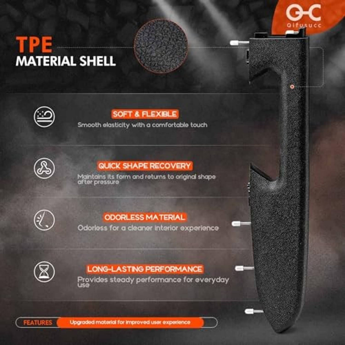 Black armrest shell with textured grip surface and soft flexible material styling.