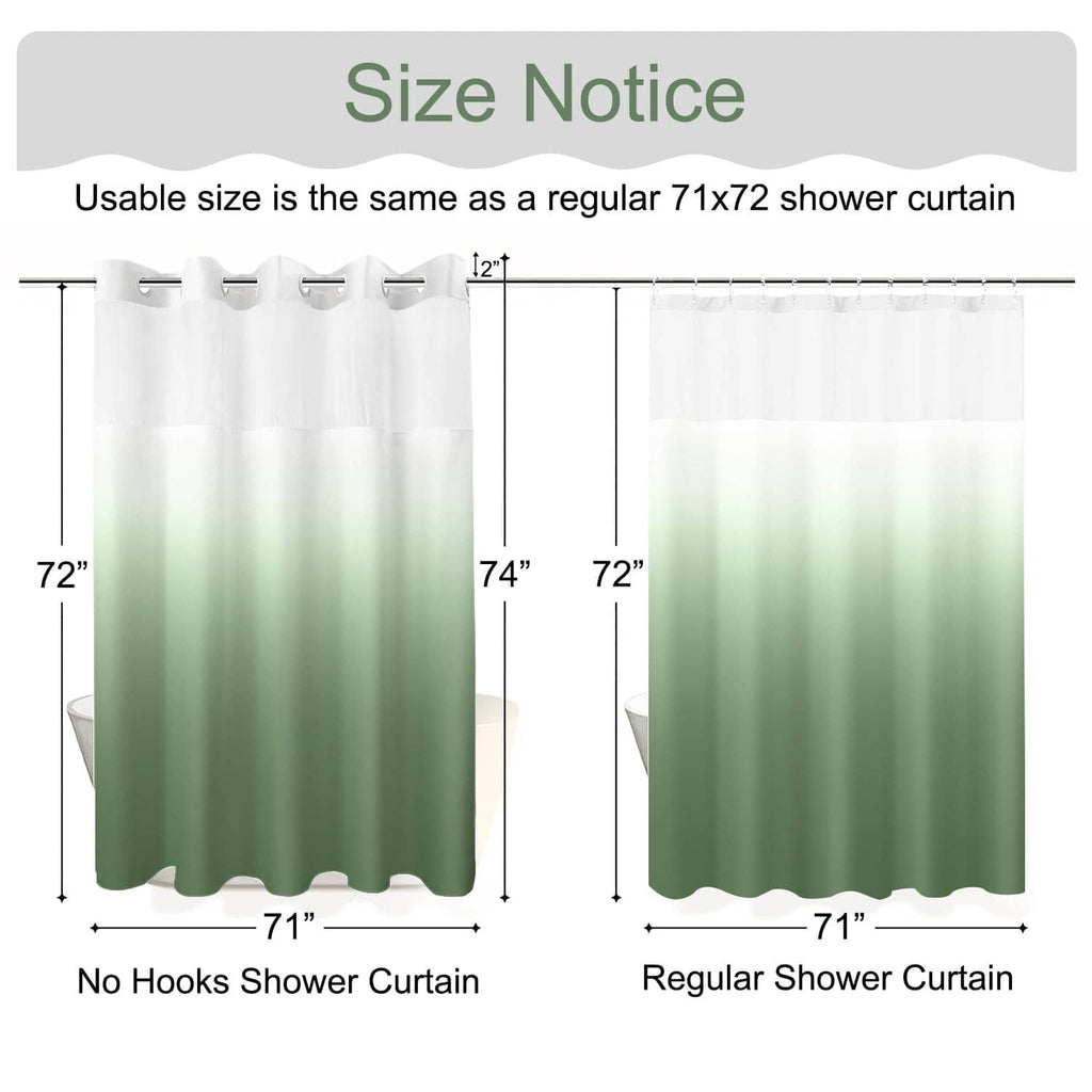 Ombre green shower curtain size comparison diagram for different lengths