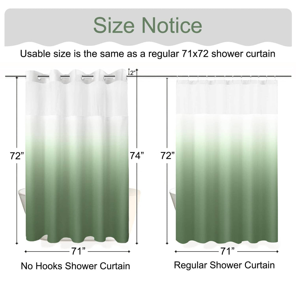 Ombre green shower curtain size comparison diagram for different lengths