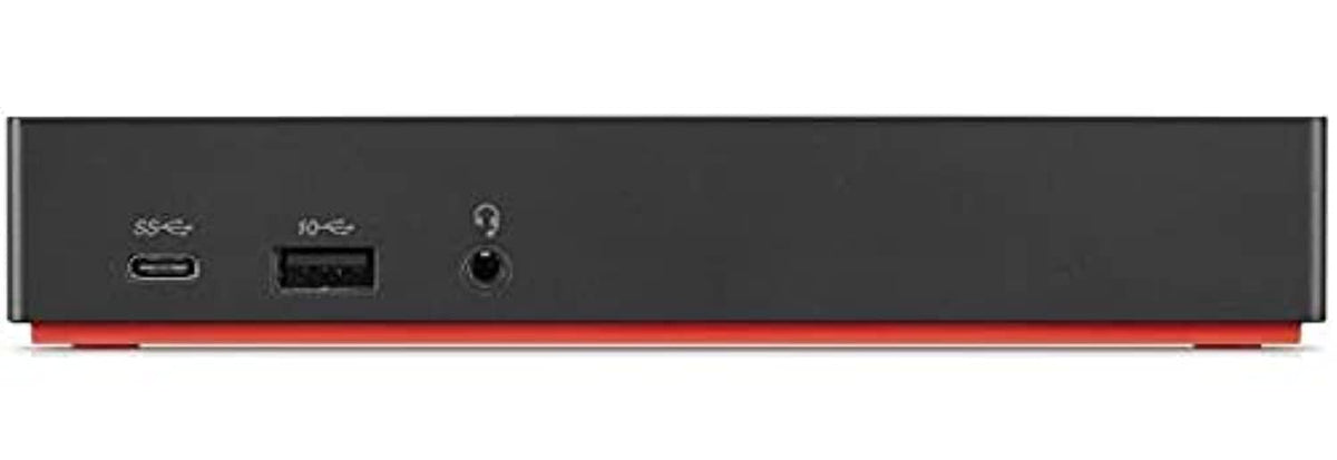Black USB-C docking station with front USB and audio ports