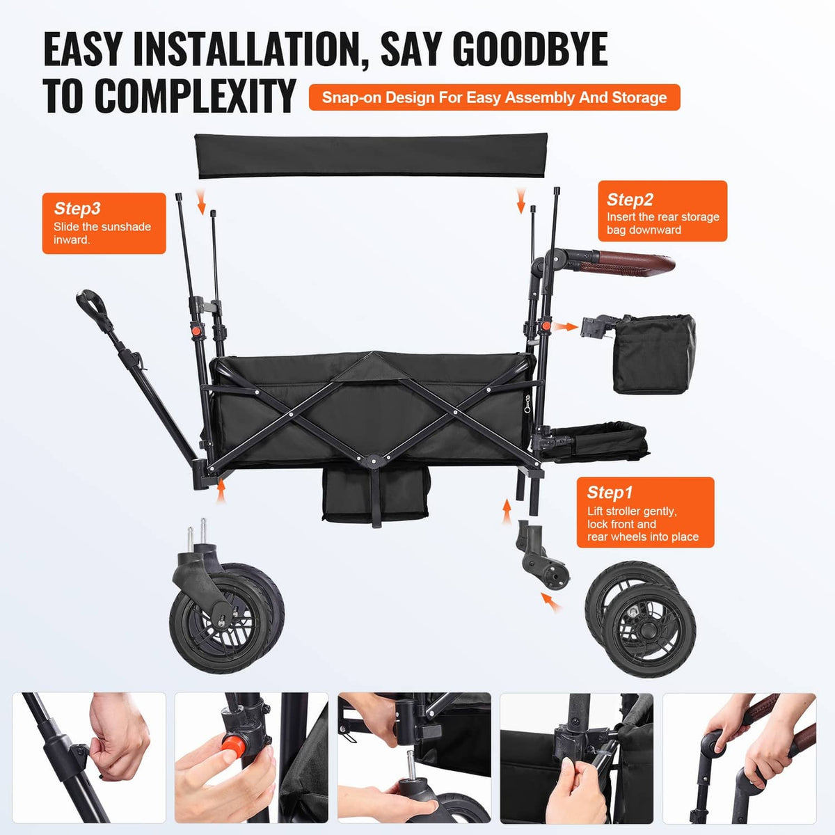 Black double stroller wagon with foldable frame and rear storage bag.