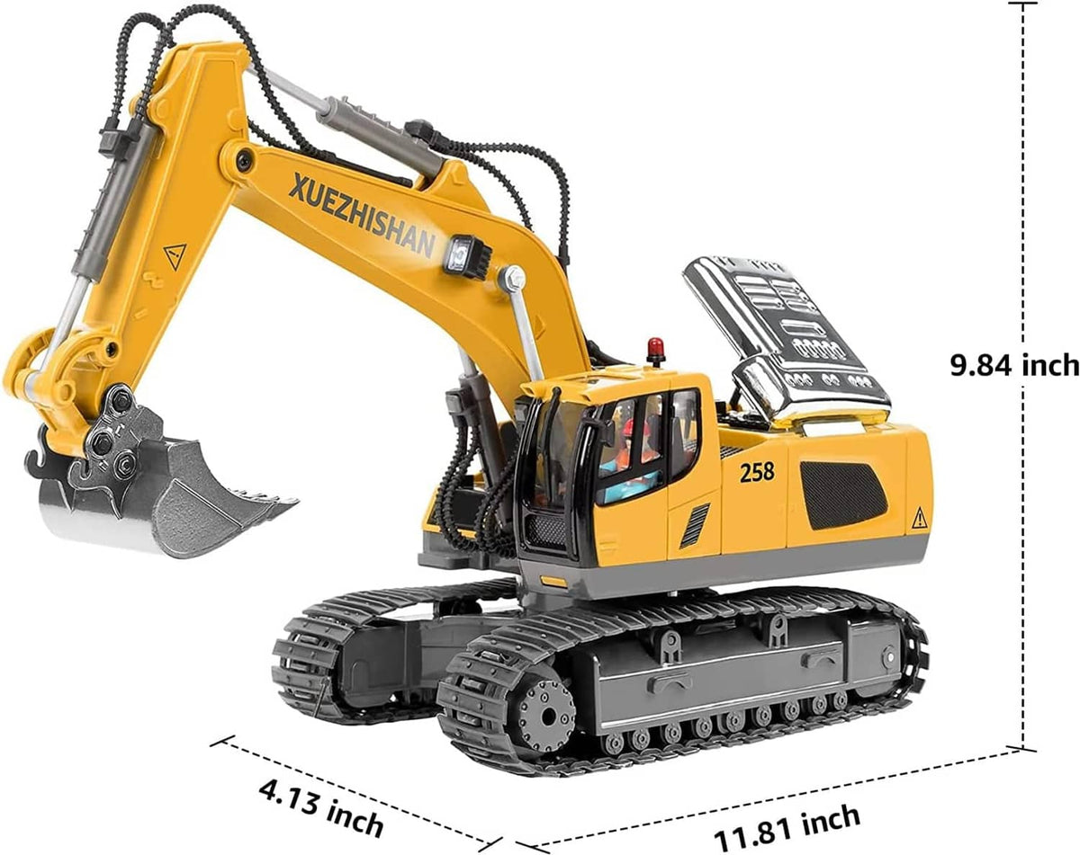 Yellow RC excavator toy with metal bucket and black rubber tracks